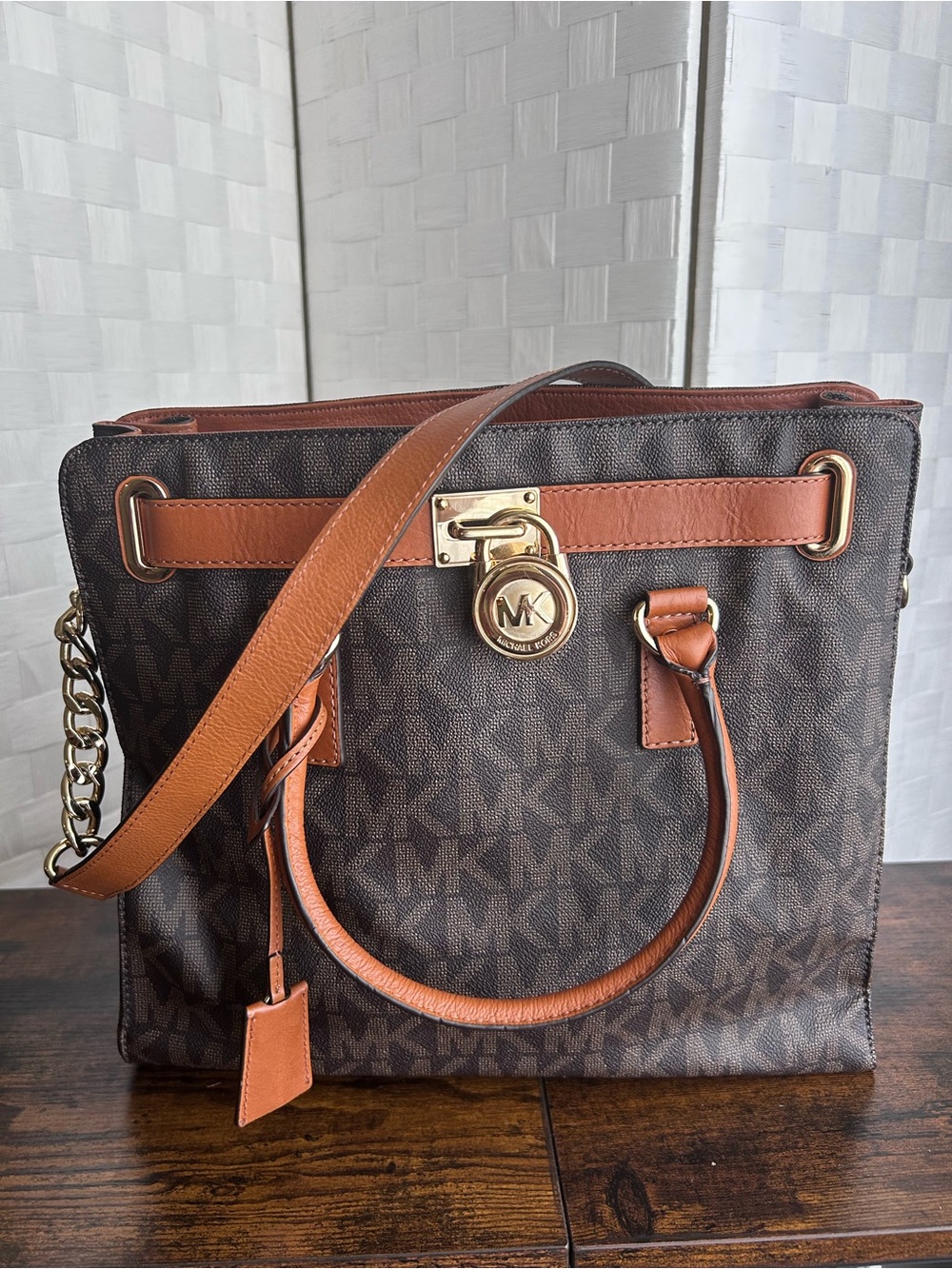 Michael Kors Brown MK Monogram Tote with Tan Trim